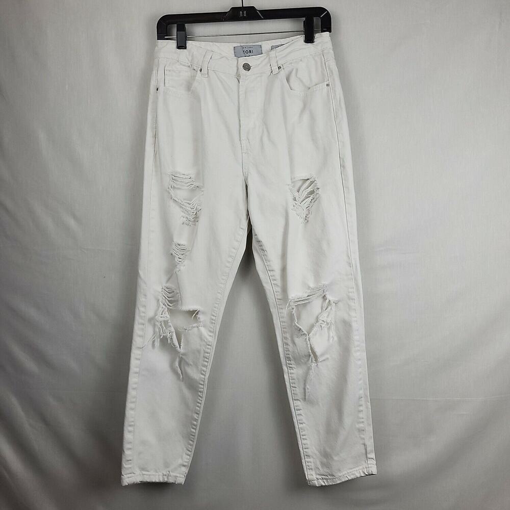 New Look Tori Womens‎ White Cotton High Rise Destroyed Denim Mom Jeans Size 8